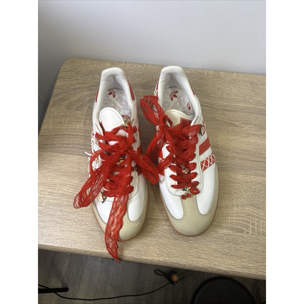 Custom Adidas Samba OG White Red Sneakers US 8 Women Charms Lace Bows